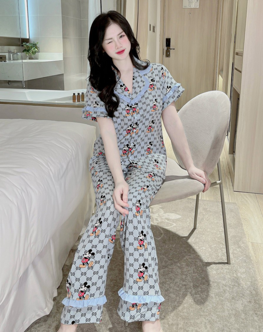 Đồ bộ mặc nhà cổ phối tay ngắn quần dài, pizama nữ lụa mango Nhà Suri