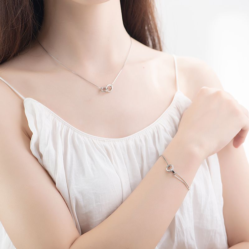 S925 vòng cổ vàng hồng bạc sterling nữ mặt dây chuyền vòng đôi bạc màu phong cách hàn quốc đơn giản thời trang hợp thời trang dây chuyền xương đ