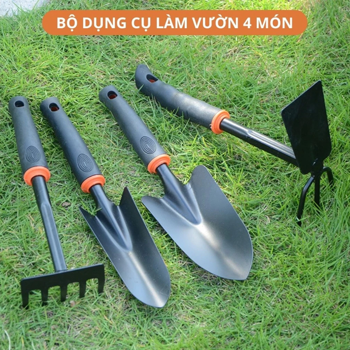  Bộ Dụng Cụ Làm Vườn Mini 4 Món gồm Cuốc Xẻng Cào Bằng Thép Sơn Tĩnh Điện Tay Cầm Cao Su Chống Trượt Tiện Dụng 