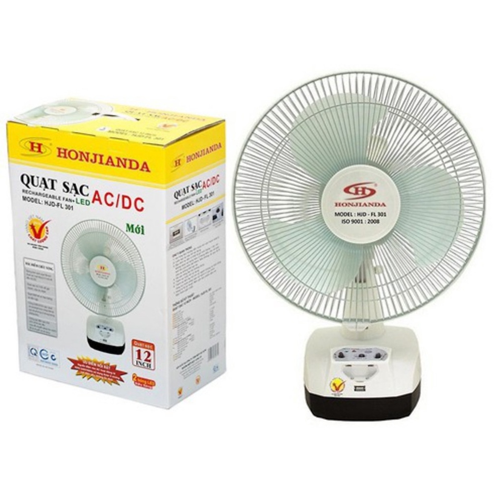Quạt sạc tích điện honjianda fl 301 1/2 bình, có đèn led và cổng sạc usb