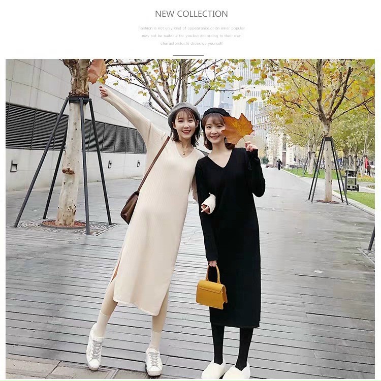 [HOÀN TIỀN ĐẾN 15%]váy suông dài tay cổ tim xẻ tà chất len gân phong cách hàn quốc