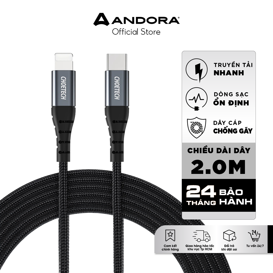 Dây cáp sạc nhanh Choetech bọc dù dài 2m USB-C cho Iphone chuẩn MFi