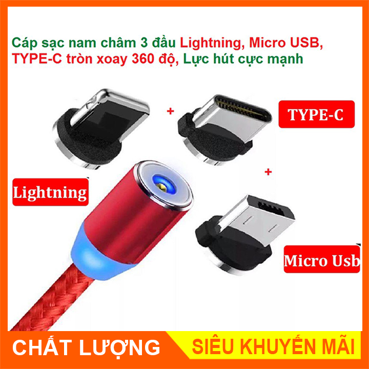 CÁP SẠC TỪ HÍT NAM CHÂM 3 ĐẦU ( microUSB-Lightning-Type C)