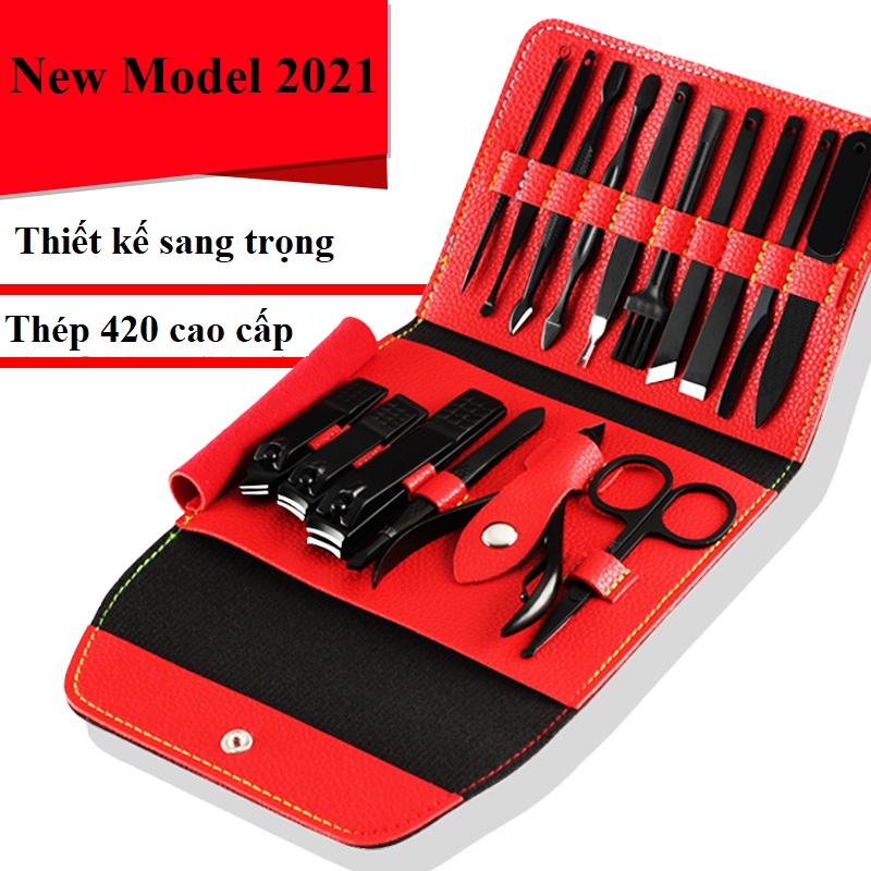 Bộ kiềm cắt móng 16 món thép không gỉ, hộp da dạng ví cầm tay cao cấp
