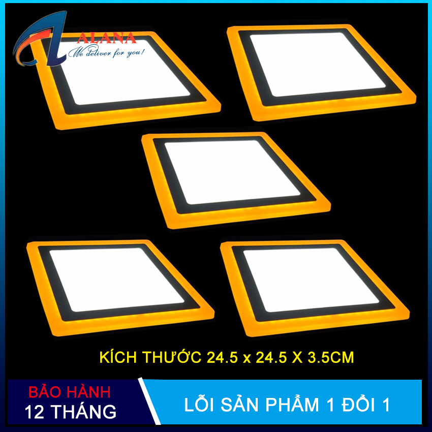 Bộ 5 đèn ốp trần, đèn led ốp trần nổi 24w 2 màu 3 chế độ thiết kế vuông thay đổi ánh sáng theo mỗi lần bật tắt công tắc chính