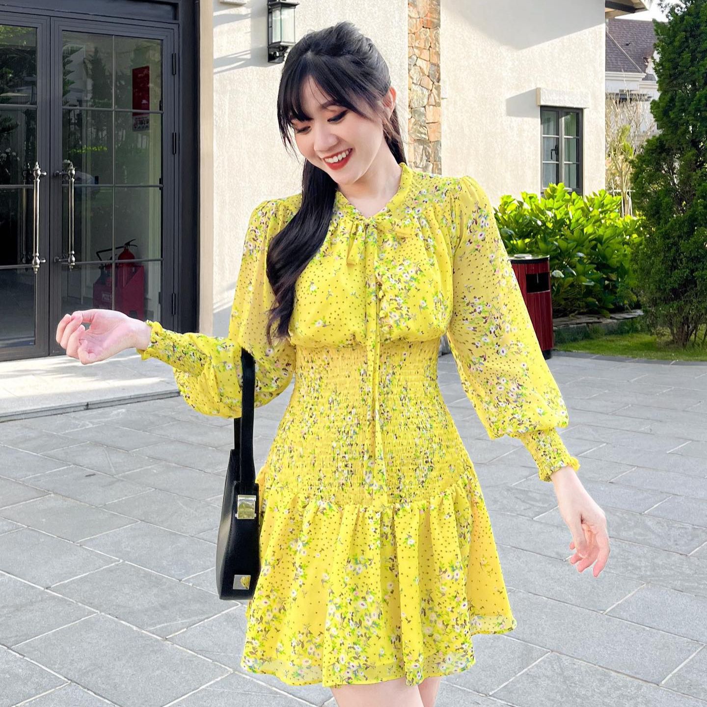 Đầm sandra - đầm tay dài smocking eo cổ tròn