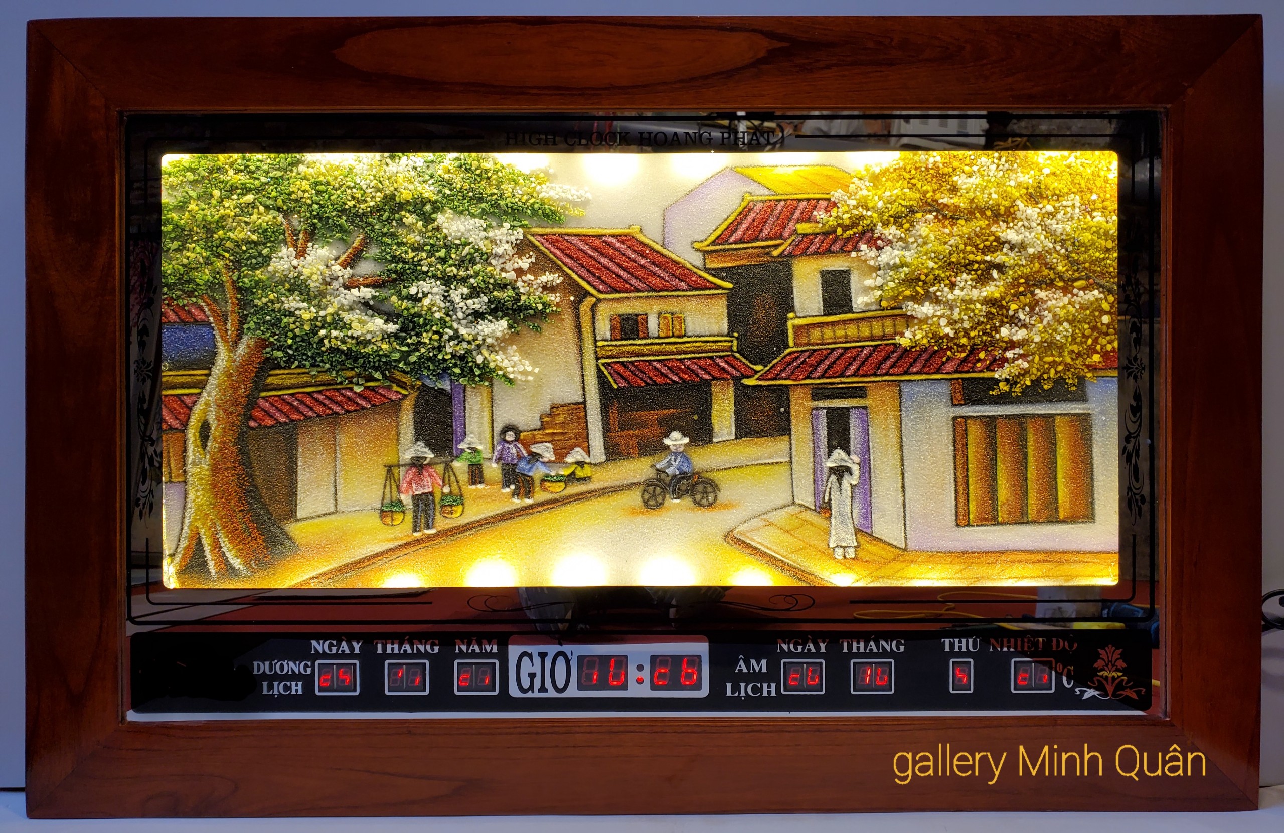 Tranh đá quý Phố Cổ Hà Nội- Đồng hồ lịch vạn niên đèn led