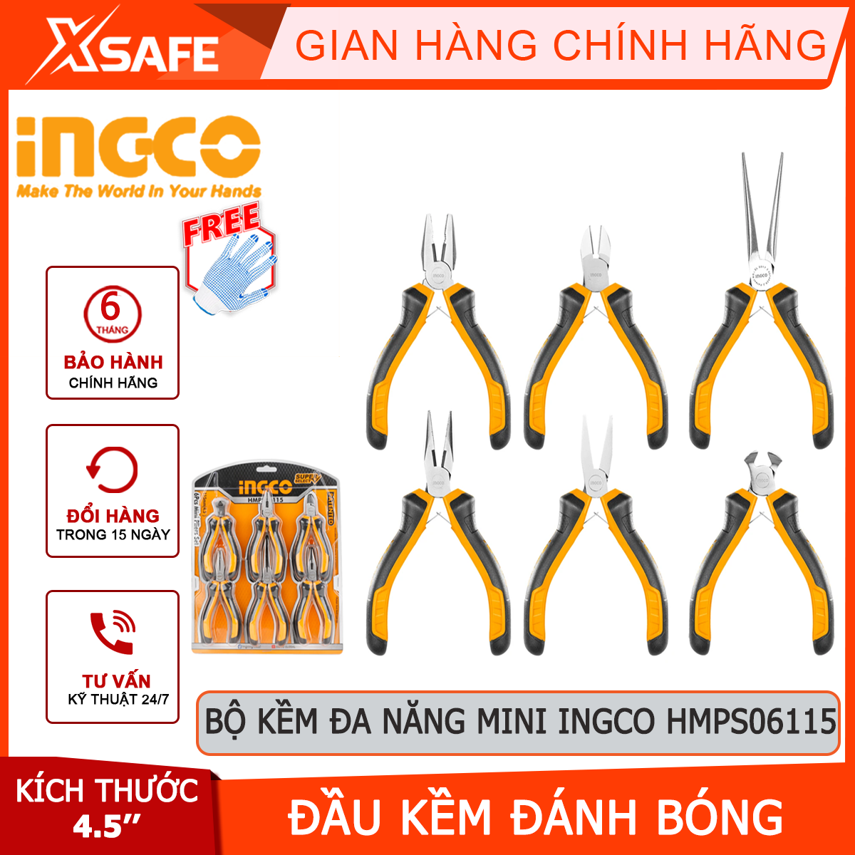 Bộ kìm mini làm trang sức 6 chi tiết INGCO HMPS06115 | bộ kềm đa năng kích thước 4.5 inch gồm 6 kìm kềm răng, kềm cắt đứt, kềm cắt, kềm mũi nhọn,cắt, kẹp, tuốt các loại dây cáp, dây điện, dây kim loại
