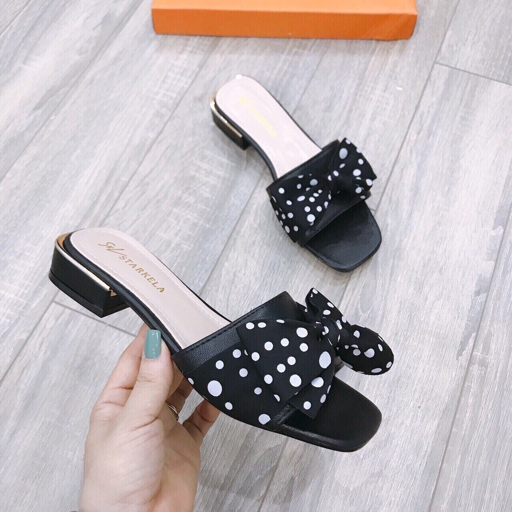 ❏№☏ Dép lê nữ quai ngang da đính nơ chấm bi