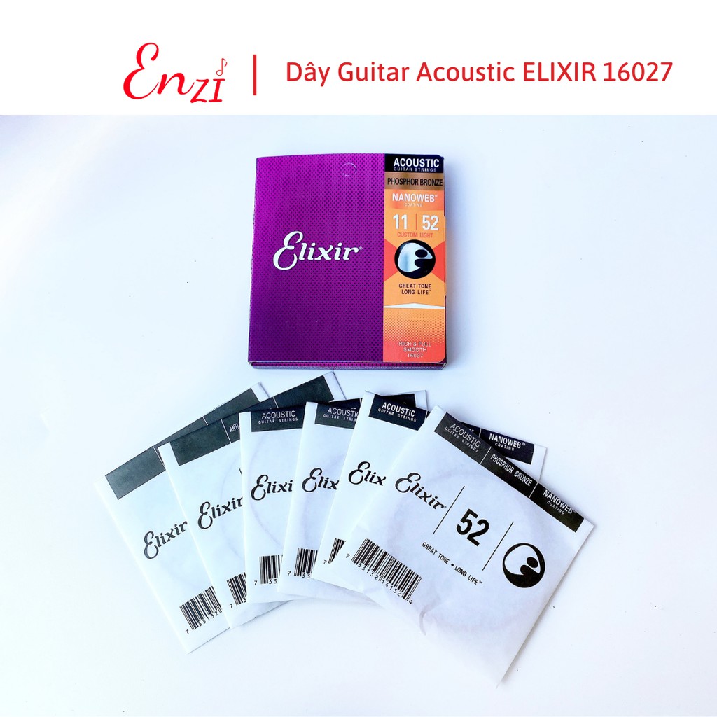 Dây đàn guitar acoustic elixir 16027 Phosphor Bronze Nanoweb cỡ 11 dây đàn Elixir 16052 và 16002 Enzi