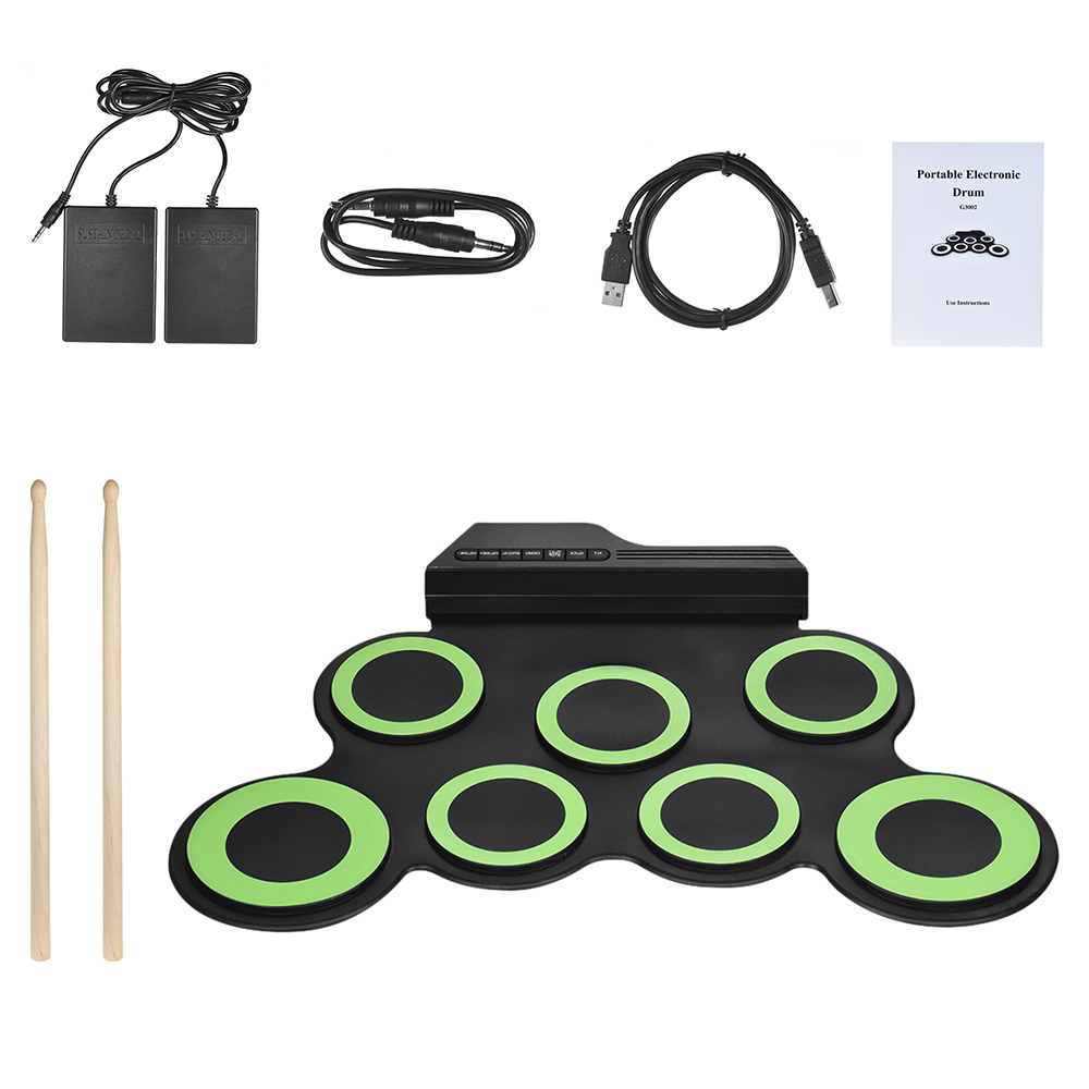 Compact Size Portable Digital Electronic Roll Up Drum Set Kit 7 Silicon Drum Pads USB Powered with Drumsticks Foot Pedals 3.5mm Audio Cable for Practice Beginners Kids