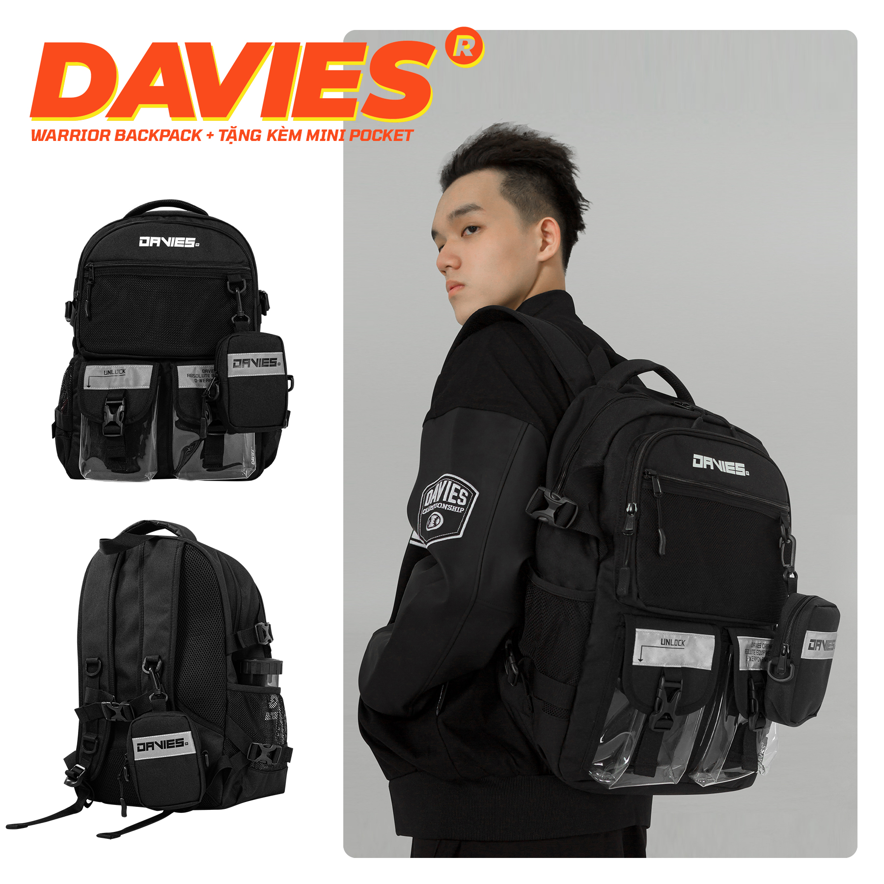 Tặng kèm mini pocket Balo nam đi học DZ Davies - Balo học sinh phản quang