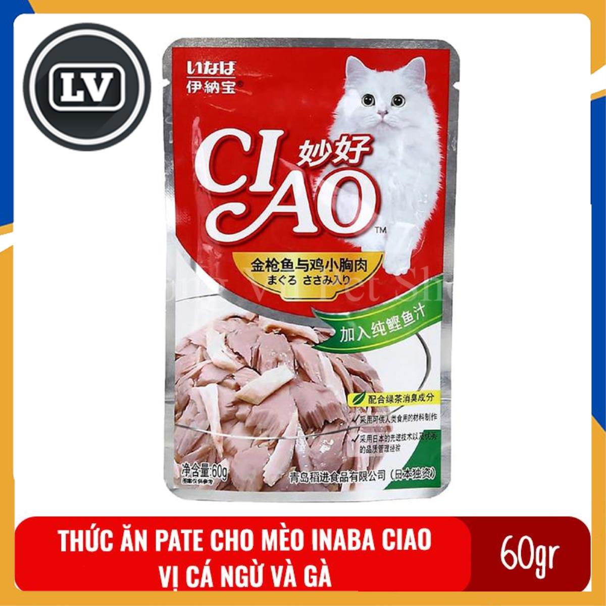 Thức ăn Pate cho mèo Inaba Ciao gói 60gr Vị Cá ngừ và Gà