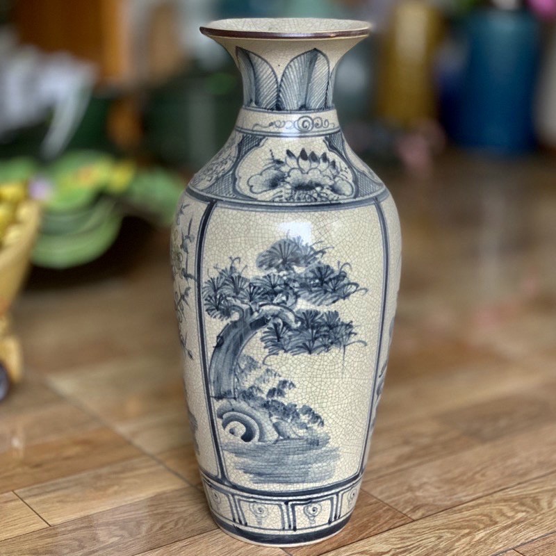 Lọ hoa, Bình bông thờ cúng men rạn vẽ tứ cảnh( Tùng cúc trúc mai) H43- gốm Bát Tràng