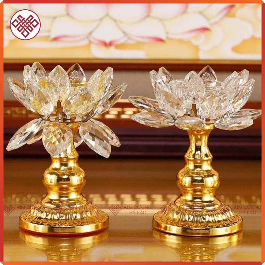 Chân Đèn đồ thờ cúng [Kim Cương Hỷ Lạc] Hoa Sen pha lê đế hợp kim