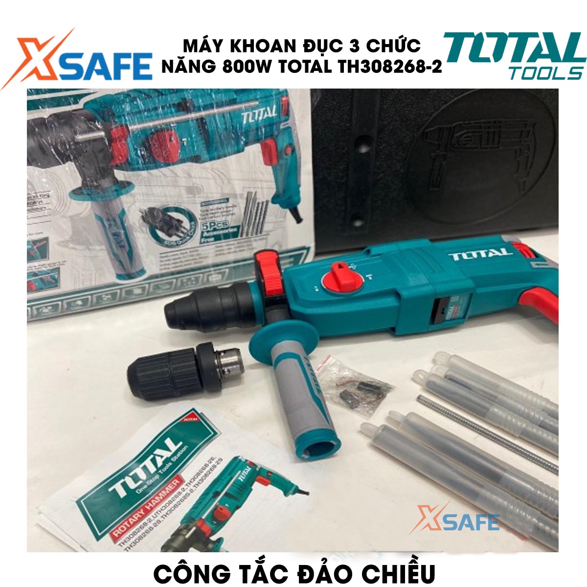 Máy khoan búa cầm tay 3 chức năng 800w Total TH308268-2 đầu gài sds plus, tốc độ 1100rpm, tốc độ búa 4000bpm, lực đập 2.5j, khoan bê tông 26mm, sắt 13mm, gỗ 30mm, kèm 3 mũi khoan bê tông và 2 mũi đục Máy khoan đục
