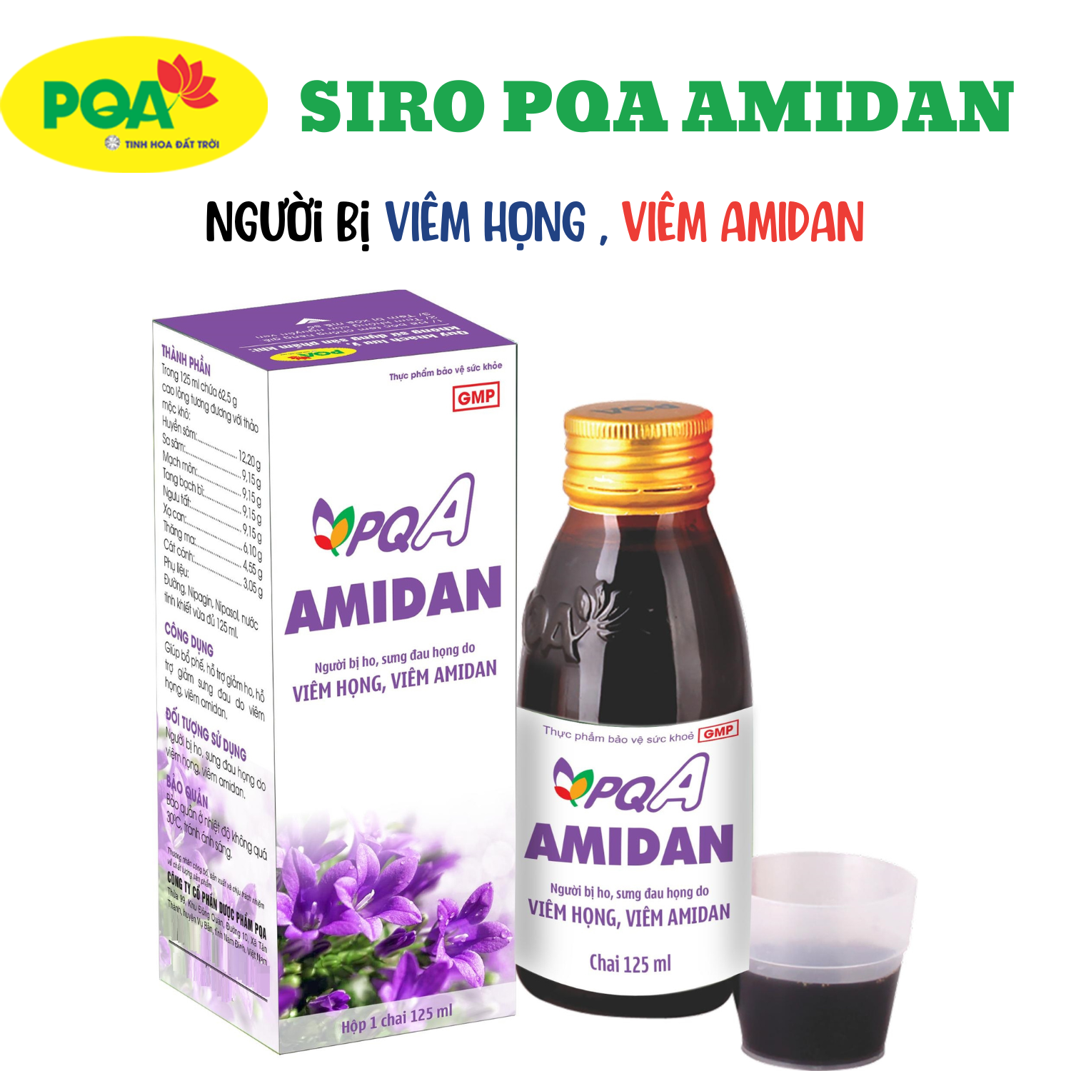PQA Amidan chai 125ml dùng cho người bị Viêm Họng, Viêm Amidan, Giúp bổ phế giảm ho, giảm sưng đau do viêm Amidan, viêm họng