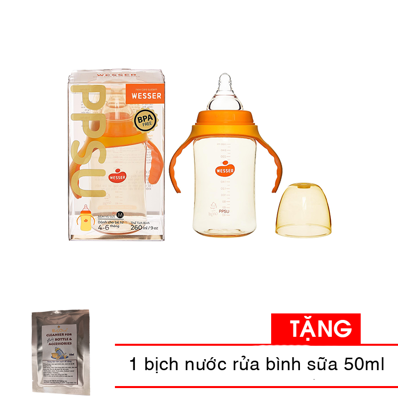 Bình sữa Wesser cổ rộng nhựa PPSU 180ml / 260ml ( phiên bản mới) TẶNG 1 bịch nước rửa bình sữa 50ml