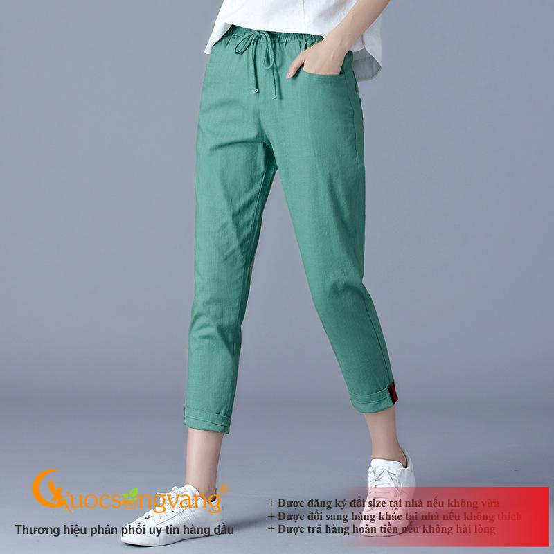 Quần nữ ống lỡ vải gai lưng cao quần harem nữ ống lỡ màu xanh lá GLQ083 Cuocsongvang