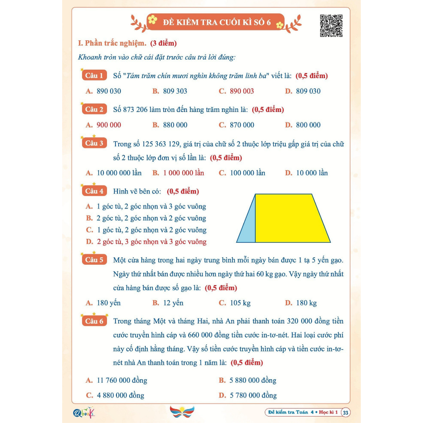 SÁCH - [ Lớp 4 - hk1 ] - Cánh diều - Đề kiểm tra toán 4 hk1