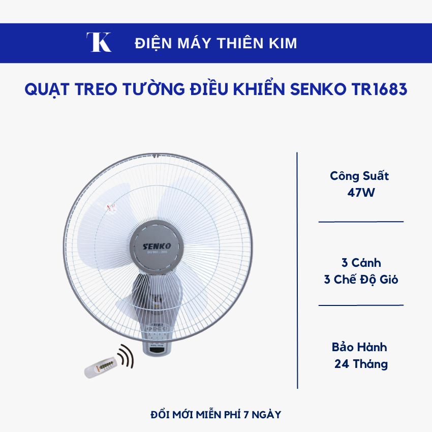Quạt treo tường điều khiển Senko TR1683 47W - Bảo Hành 24 Tháng Toàn Quốc