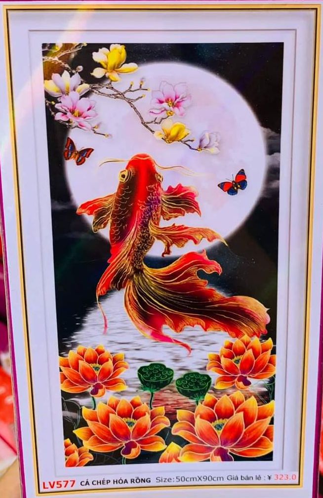 Tranh đính đá cá chép hóa rồng kt:50x90cm _lv577_chưa đính đá.