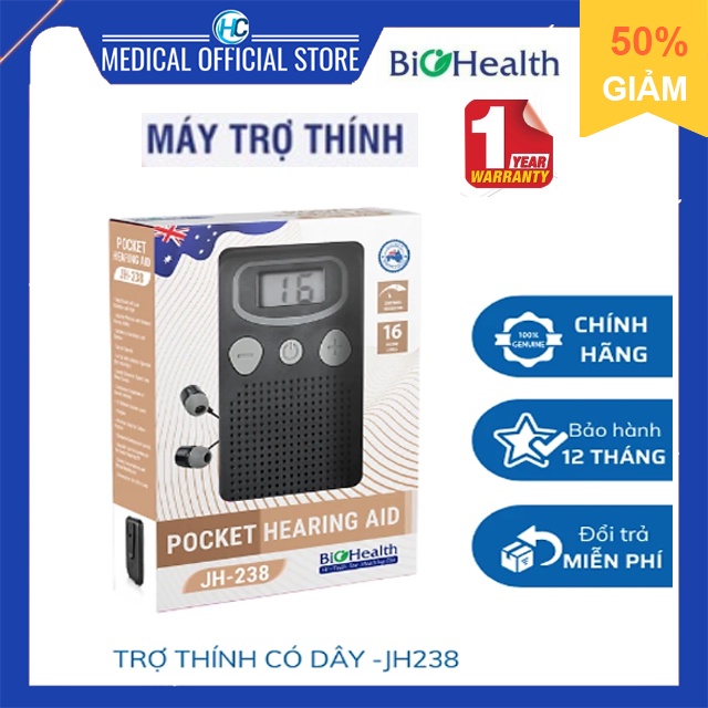 Máy trợ thính có dây bỏ túi Biohealth JH-238 -Máy điếc, tai nghe trợ thính cho người già nghe kém