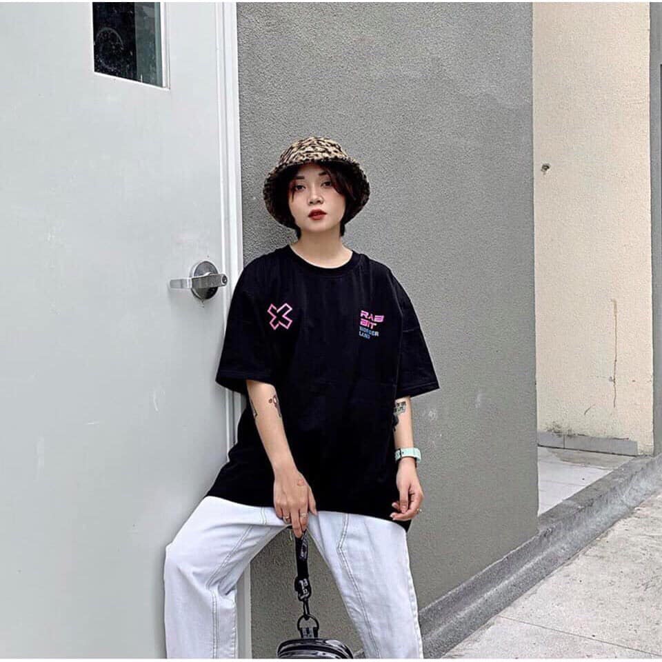 Áo thun tay lỡ unisex màu đen RABBIT