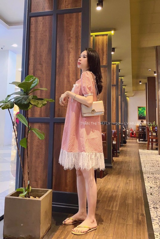 Đầm suông caro lai ren kate-MTB