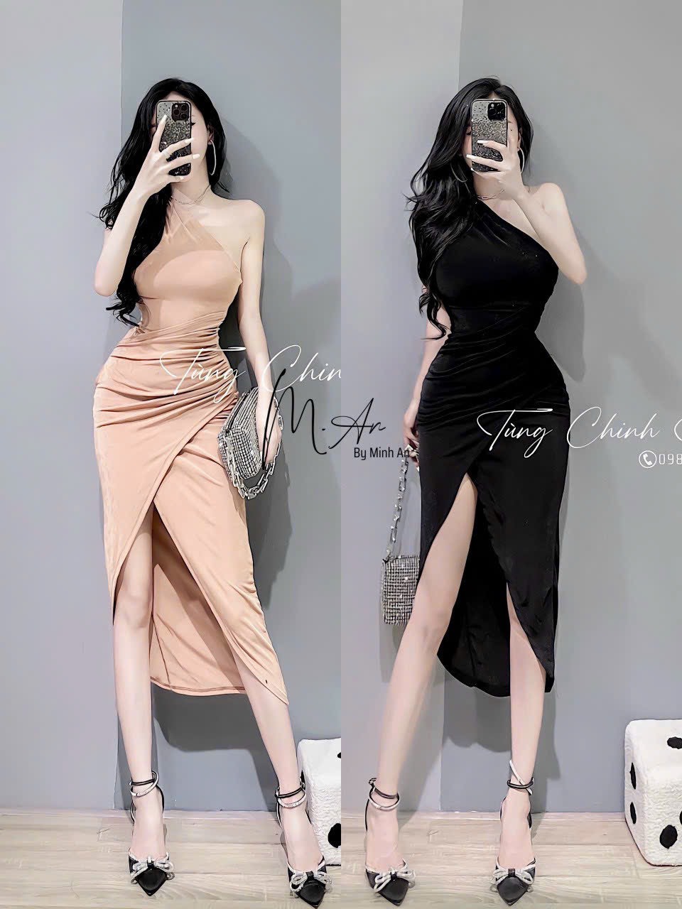 Đầm nữ  lệch vai đắp chéo sẻ tà cao cực sang ba