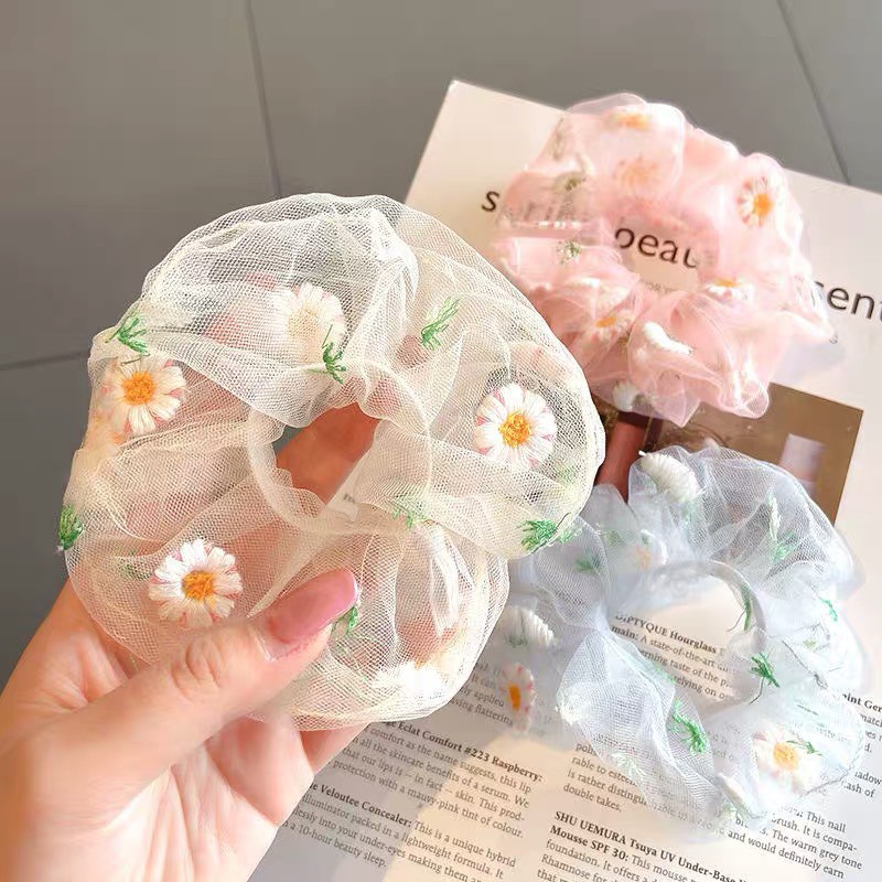 CỘT TÓC BUỘC TÓC VẢI SCRUNCHIES THÊU HOA CÚC