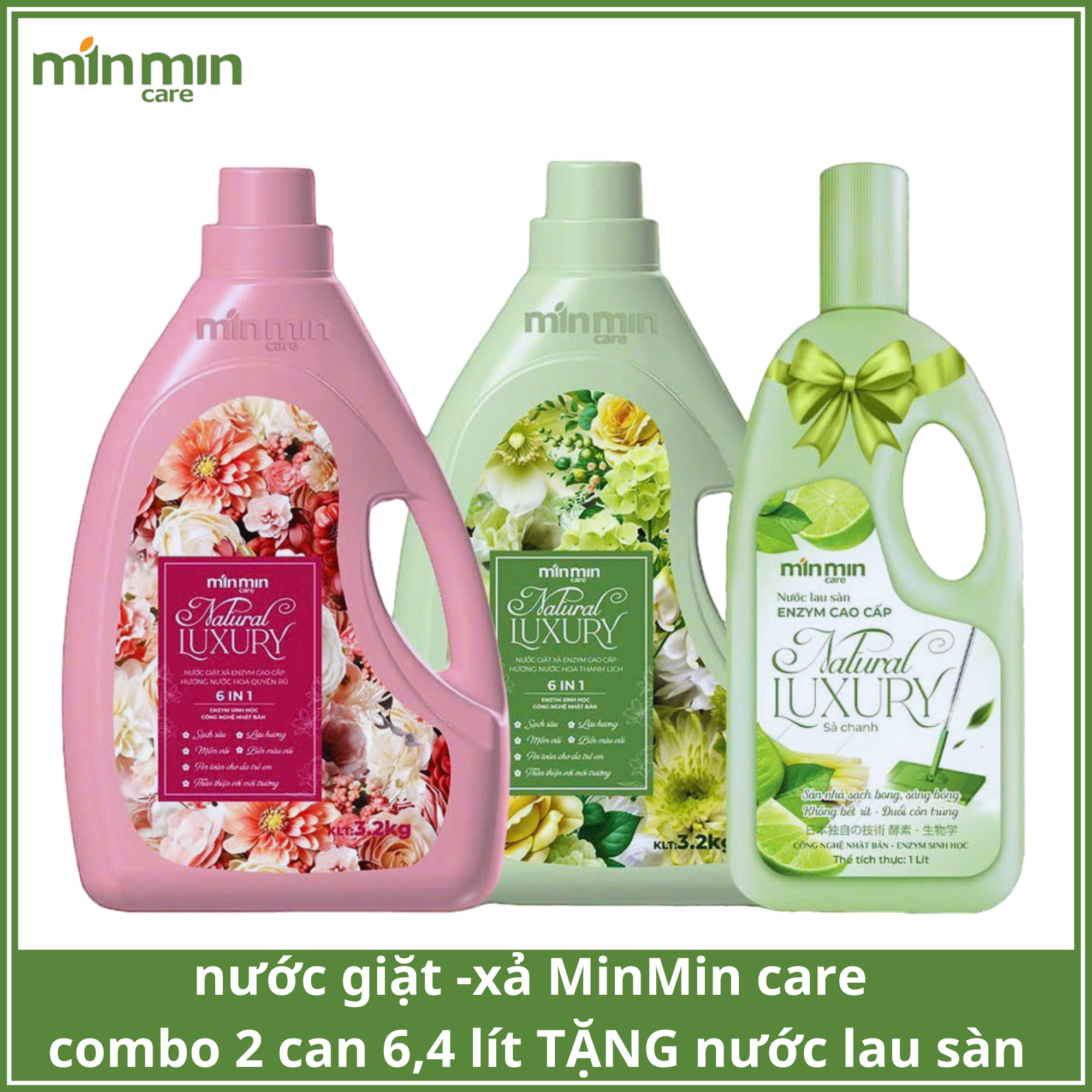 nước giặt minmin care thùng 2 can 6,4 lít giặt-xả enzym sinh học sạch sâu,lưu hương,an toán TẶNG nước lau sàn 1000ml