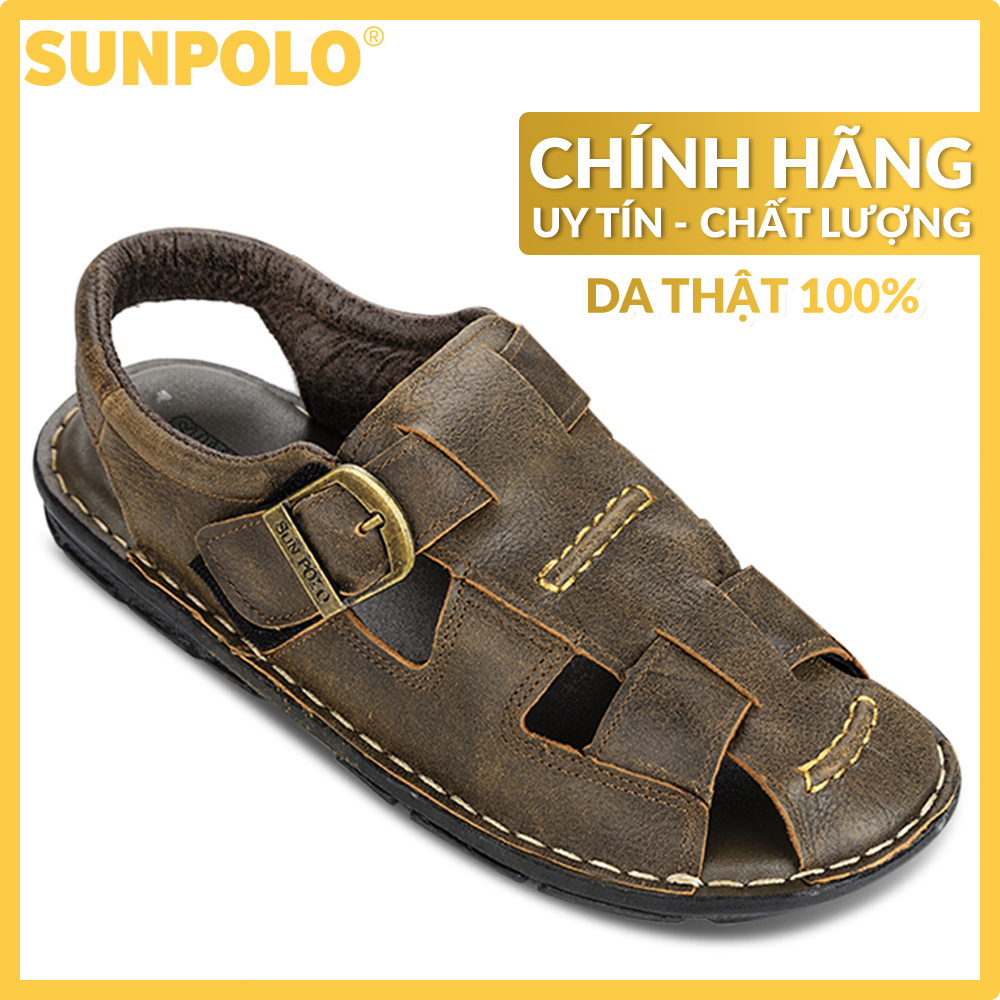 Sandal Nam Da Bò Cao Cấp SUNPOLO SDA019 Size 44, 45 (Đen, Nâu)