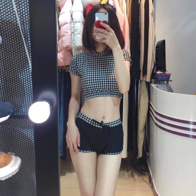 [HCM]Đồ bơi bikini cặp thun lạnh caro nữ tay ngắn
