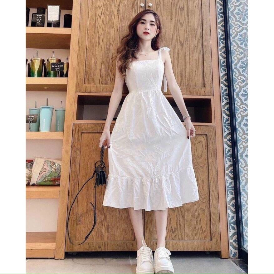 Đầm trắng 2 dây cột nơ, chất kate mềm mịn,mặc cực xinh mtb