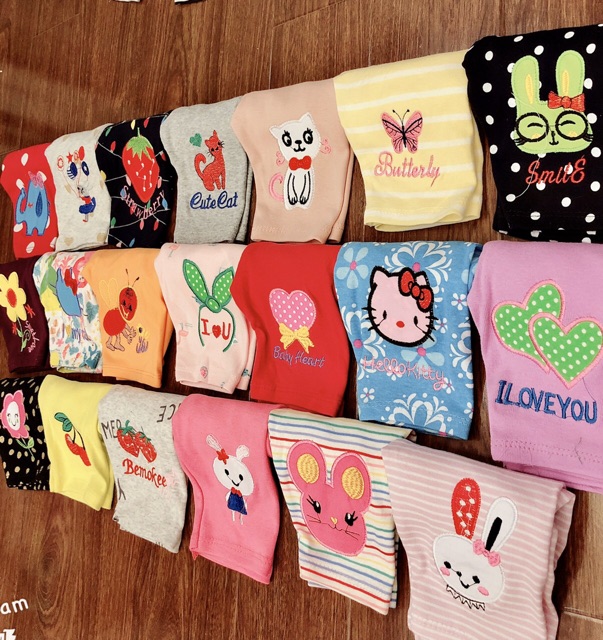 Combo 5 quần legging lửng hình thêu đắp cho bé gái.