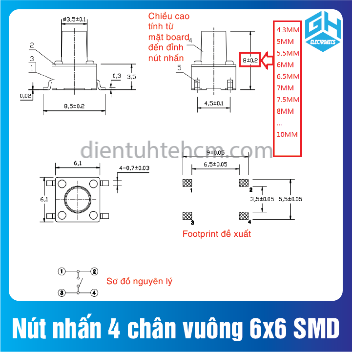 COM BO 20 Nút nhấn 4 chân vuông 6x6 chân dán SMD (SET 20)