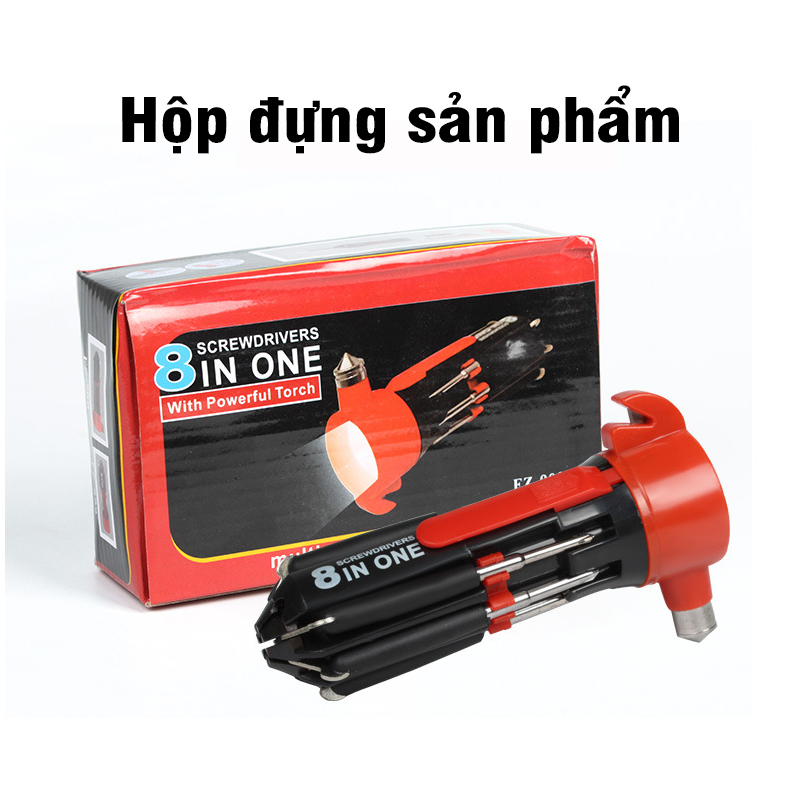 Búa thoát hiểm phá kính đa năng 8 trong 1 tích hợp tua vít và đèn pin cao cấp
