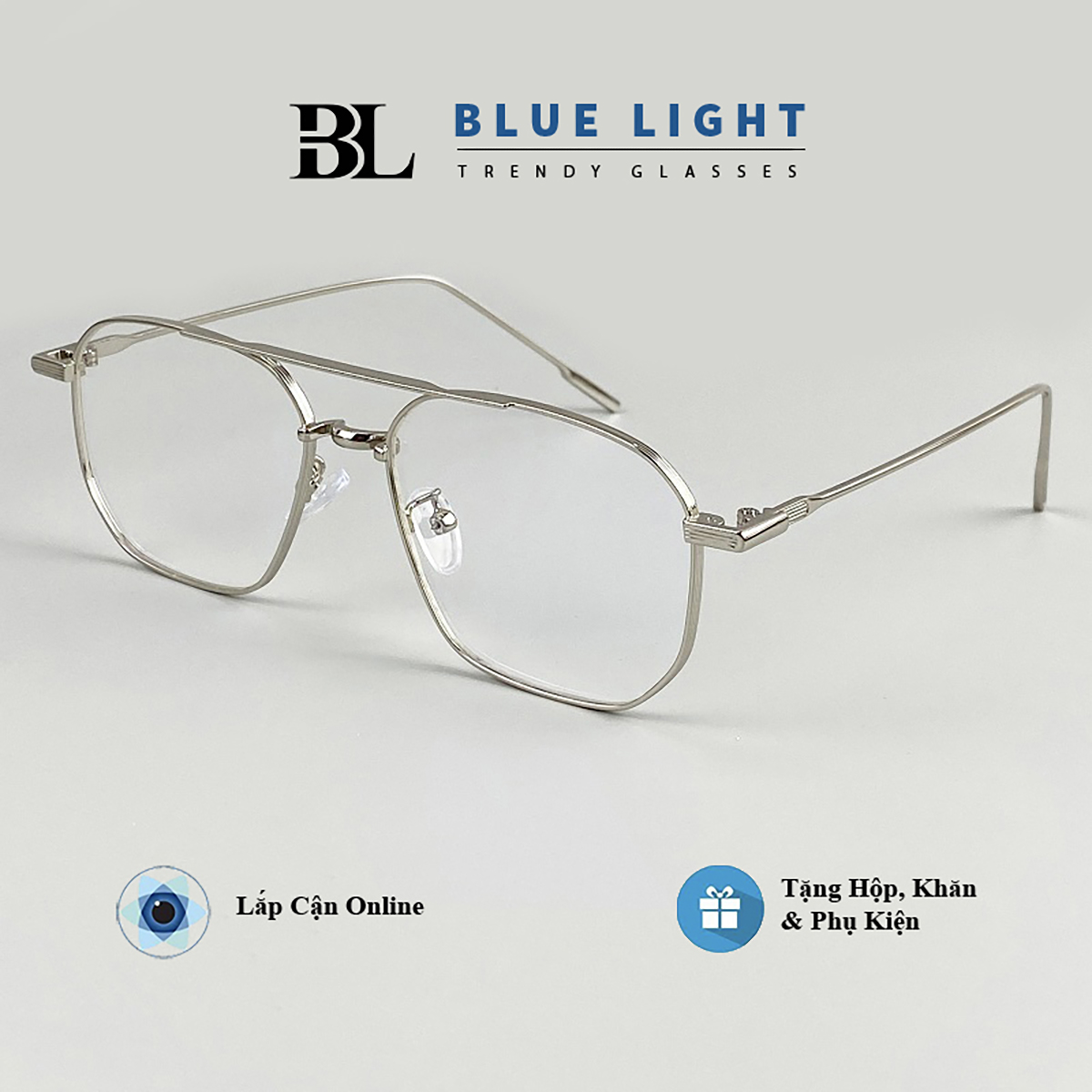 Gọng kính cận, kính giả cận chống ánh sáng xanh, mắt vuông nhỏ khung ngang gọng bạc hàn quốc - blue light