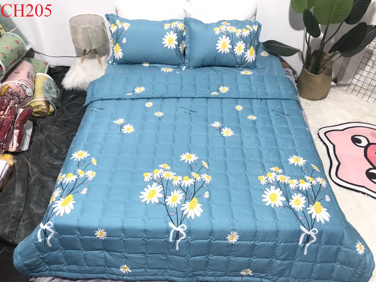 Bộ Chăn Ga Gối Hè Thu 5 Món (Gồm 1 Chăn hè chần bông+ 1 Ga bo chun+ 2 Vỏ gối nằm+1 Vỏ gối ôm) Mẫu Hoa Cúc Xanh CH205