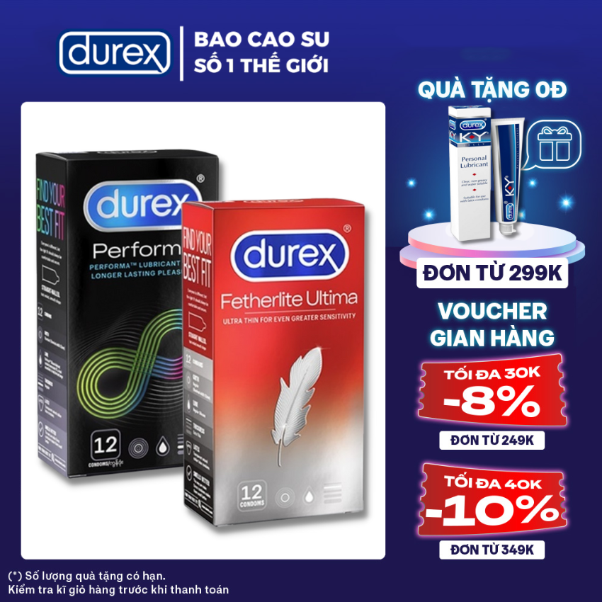 2 Hộp Bao cao su nam nữ Durex Fetherlite Ultima siêu mỏng + Durex Performa kéo dài thời gian quan hệ [Che tên SP 100%]