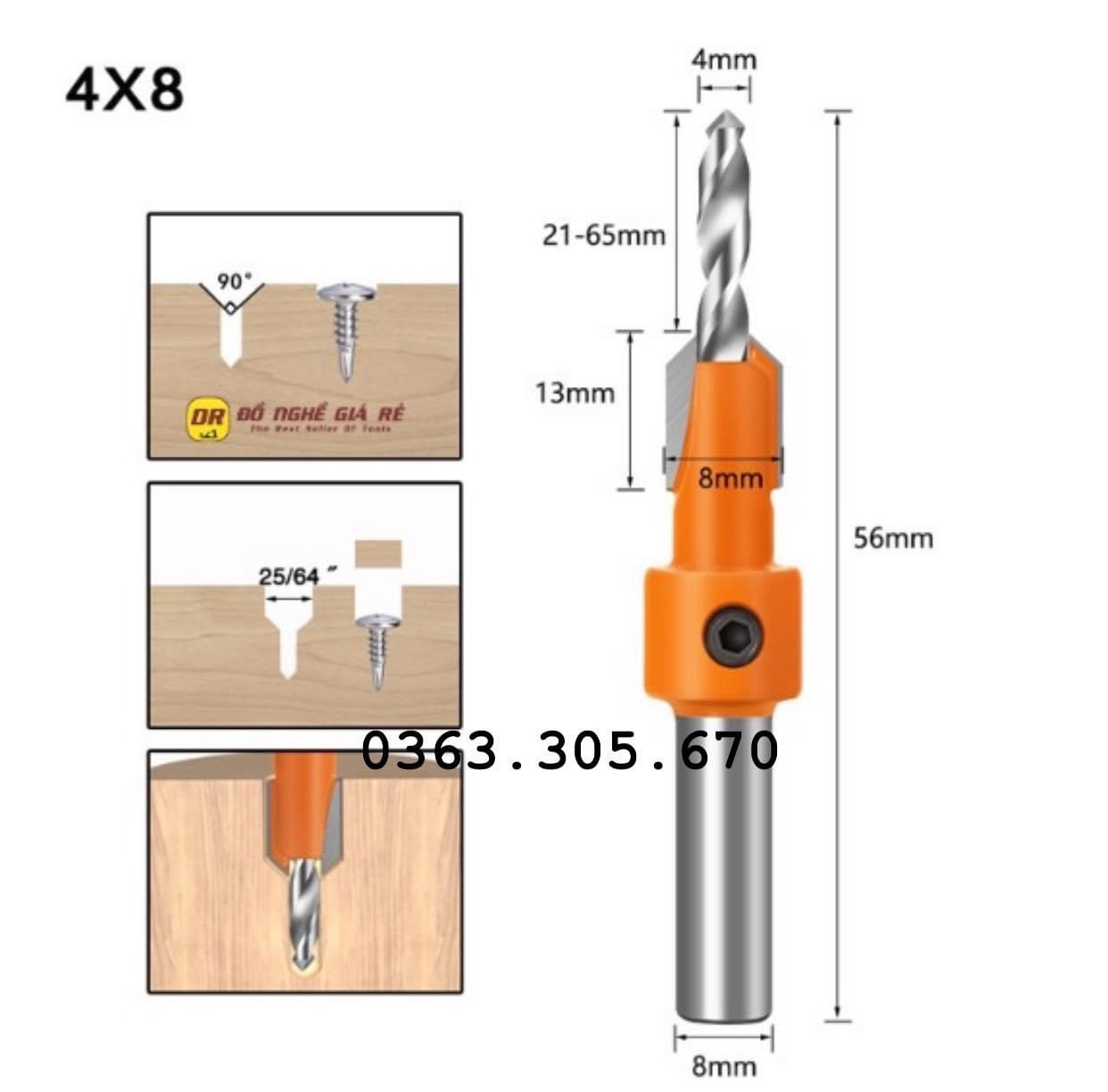 Mũi khoan âm vít gỗ cao cấp , mũi khoan âm đầu vít 2 tầng 4x8