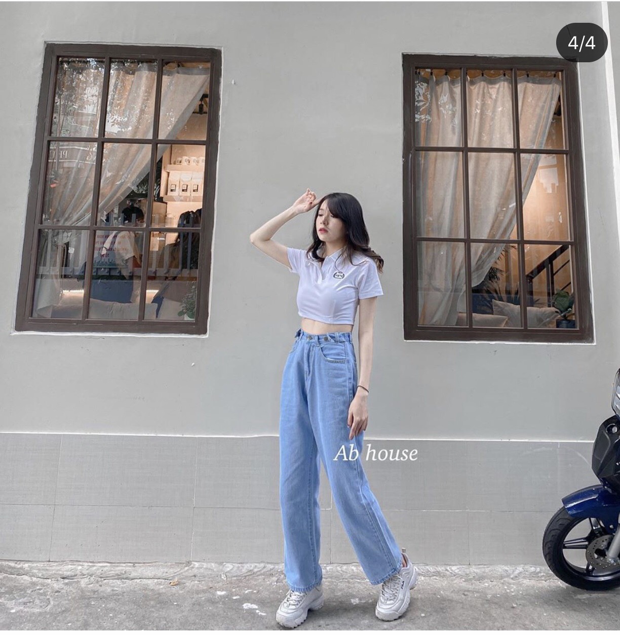 🎈 set baggy đai nút + crop petter trắng thêu