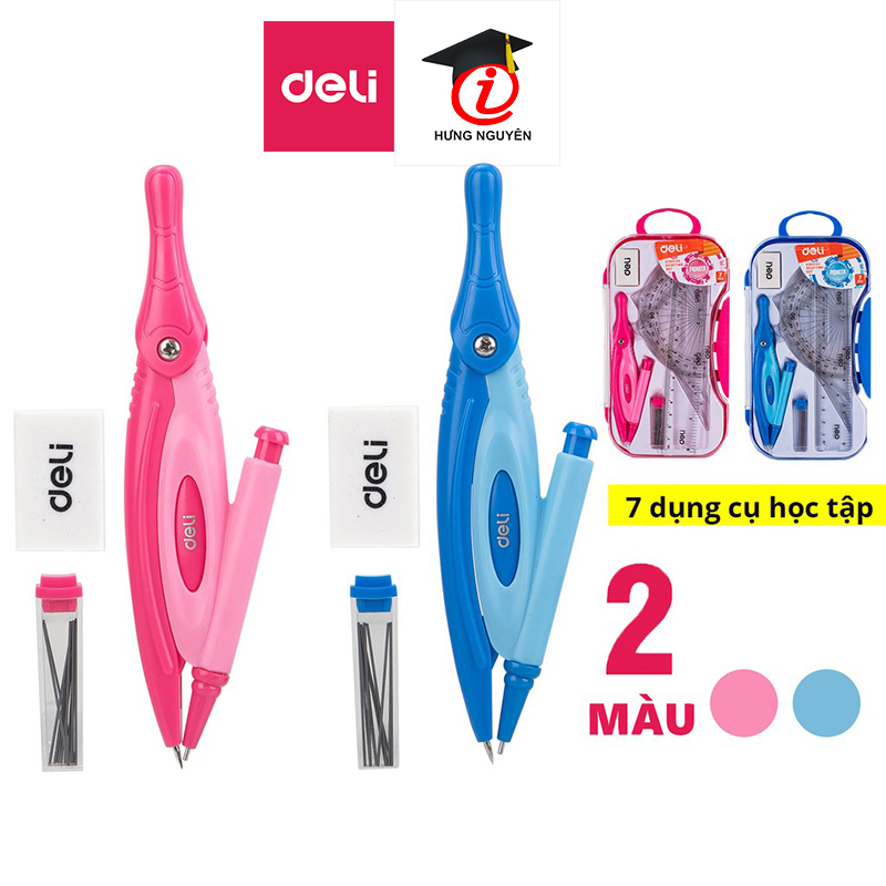 Bộ compa thước eke Deli 7 loại 15cm chì kim G30304 (hộp nhựa) (Hồng/Xanh)