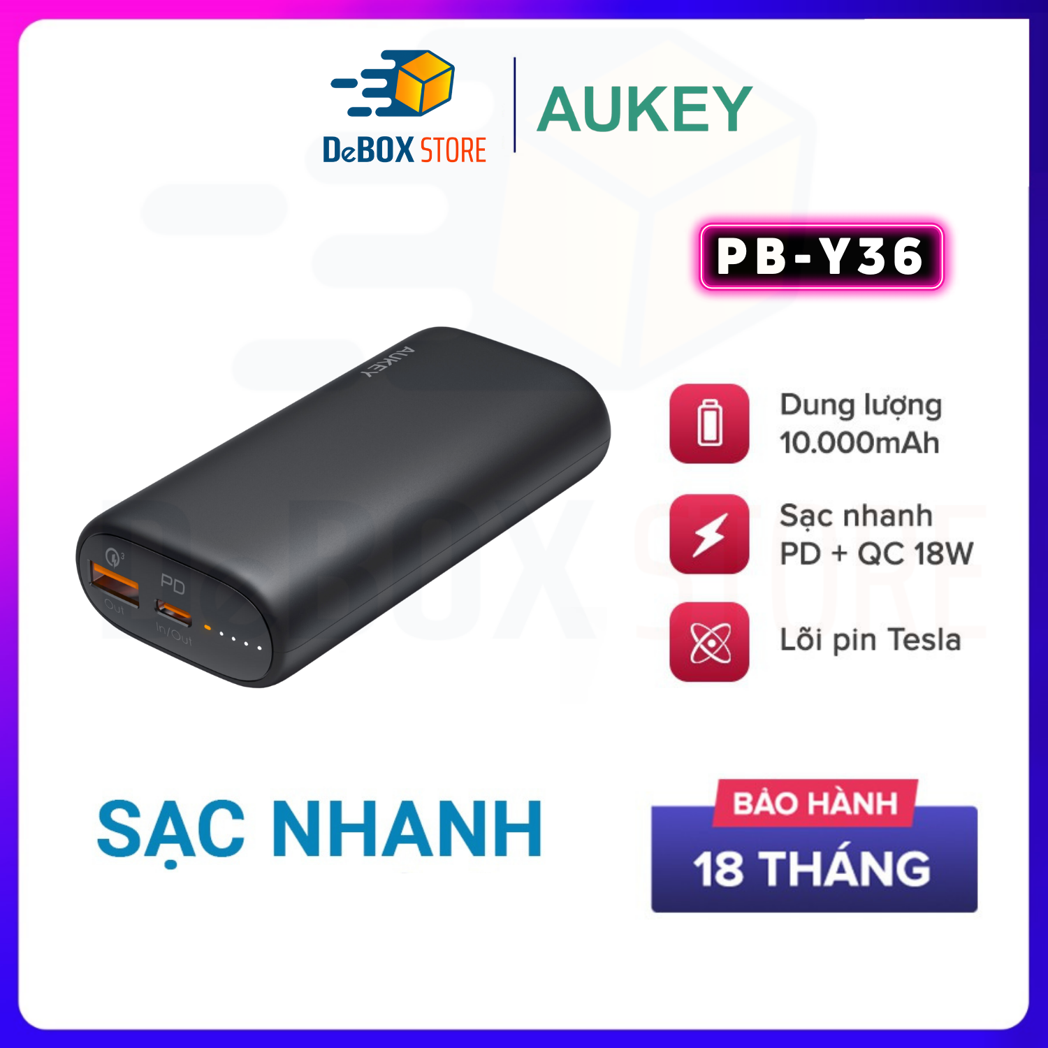 Pin Sạc Dự Phòng Aukey PB-Y36 N73 N73S N83S 10000 mAh, Lõi Tesla Bền x7 Lần