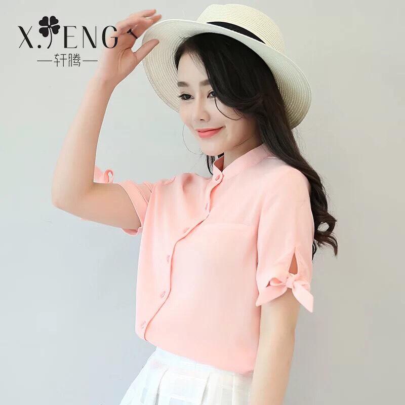 Áo Sơmi Voan Cổ Trụ Phối Nơ Tay Nữ Tính Giản Gị TTS0486