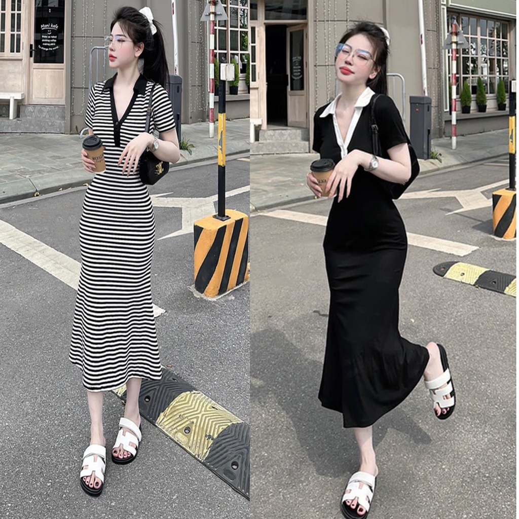 Váy body dáng dài đuôi cá cổ bẻ chất thun co dãn