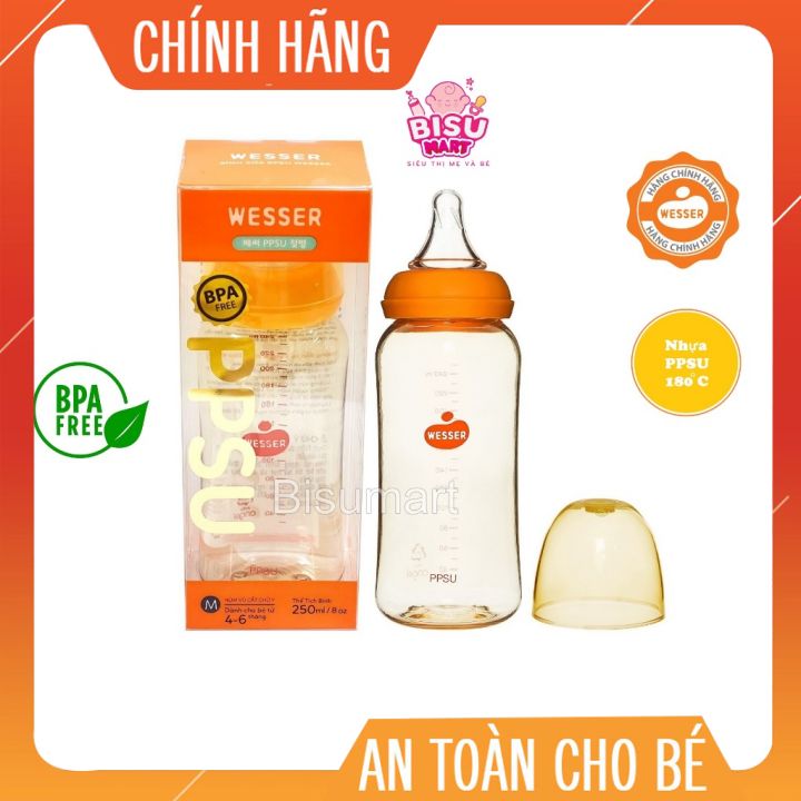 Bình Sữa cổ hẹp Wesser nhựa PPSU cao cấp cho bé 250ml