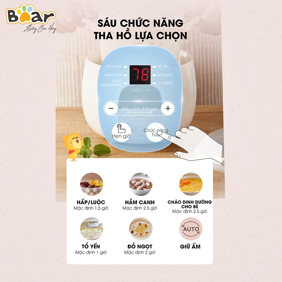 (BẢN QUỐC TẾ) NỒI NẤU CHÁO, NINH, HẦM, HẤP CÁCH THỦY BEAR 0.8L