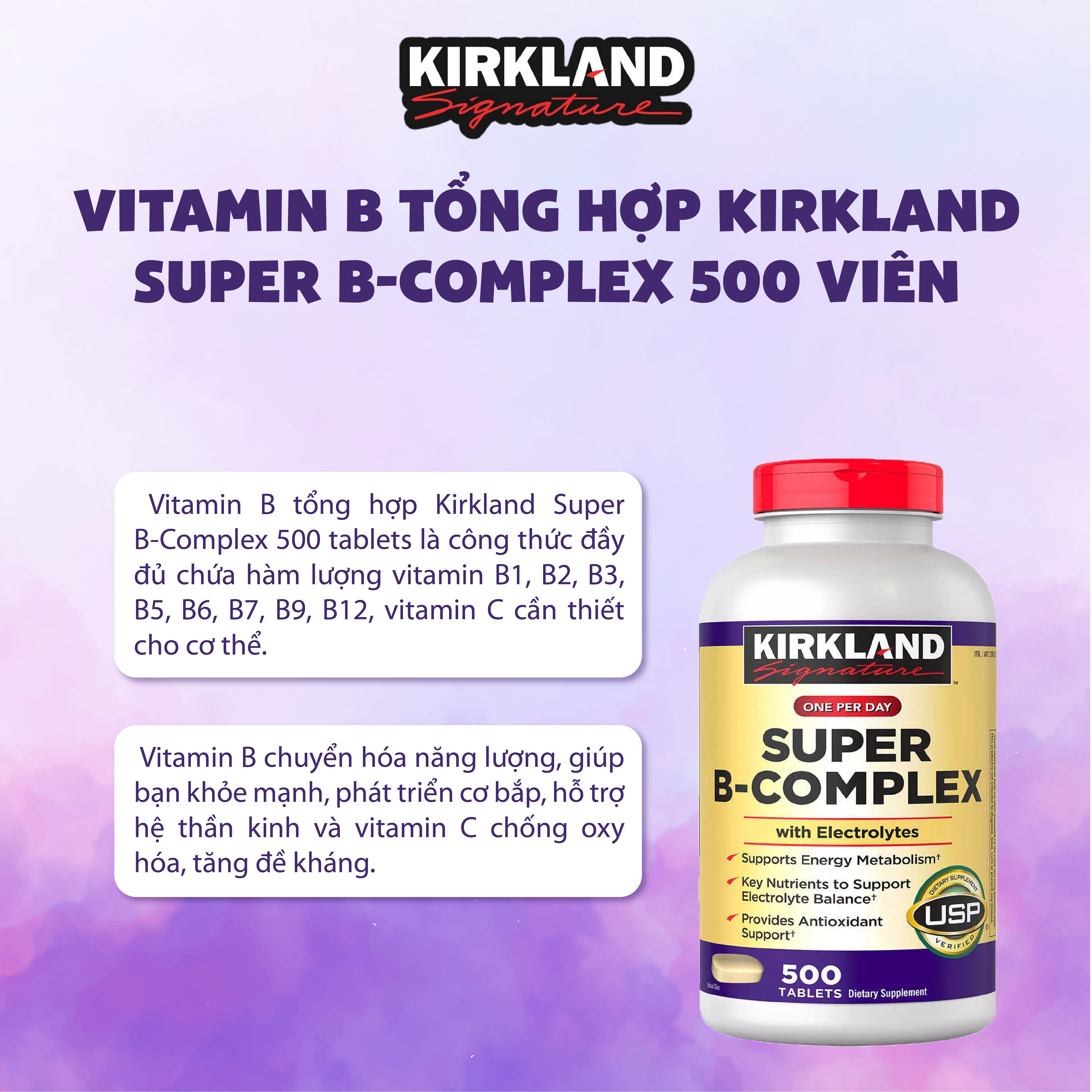 Viên uống bổ sung Vitamin B tổng hợp Super B-Complex Kirkland 500 Viên